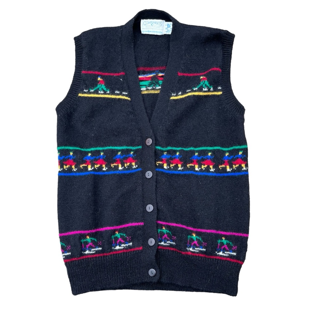 Vintage 80s Winter Sports Wool Intarsia Knit Button Up Sweater Vest Medium